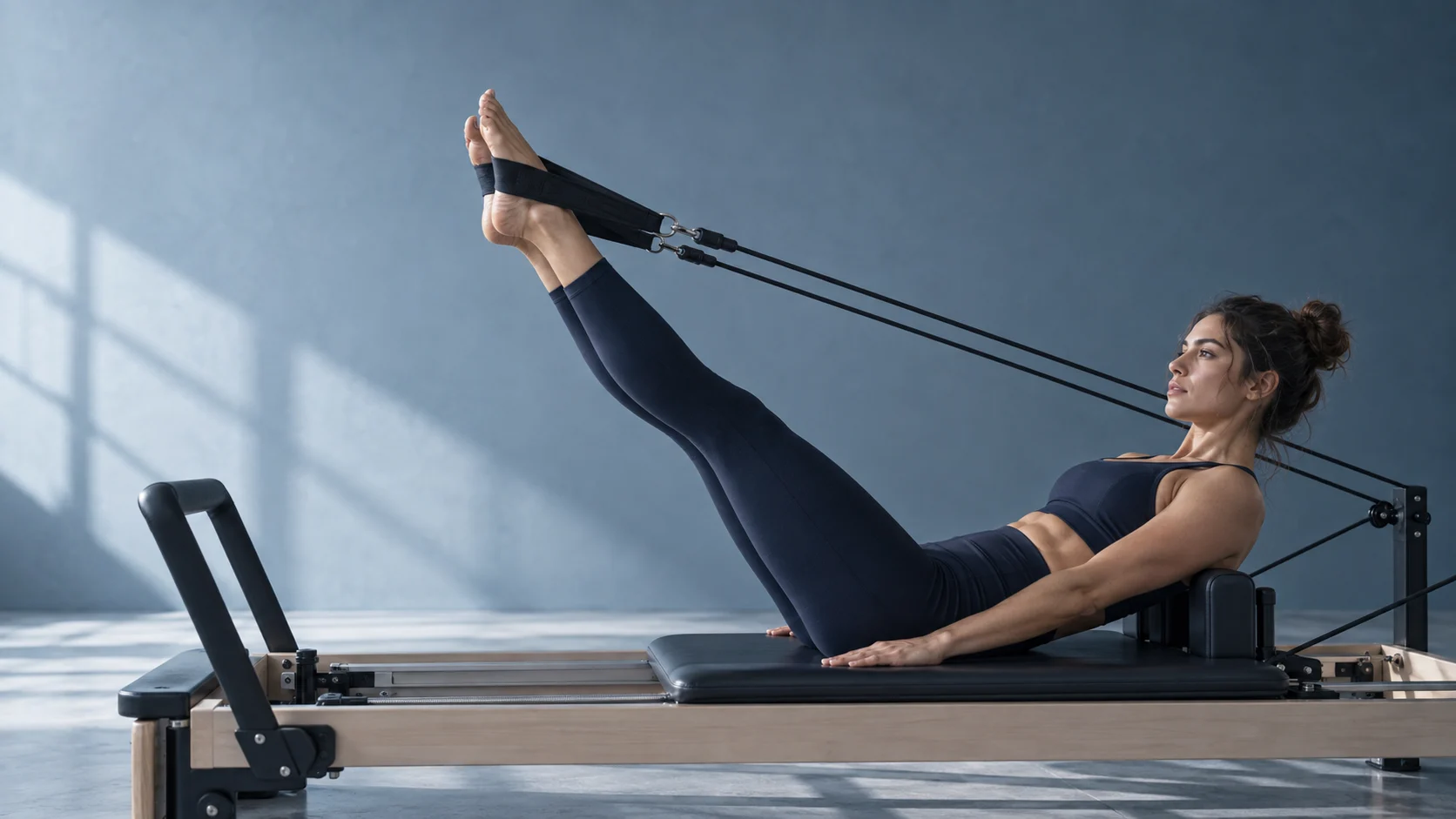 Mujer practicando Pilates Reformer en un estudio contemporáneo